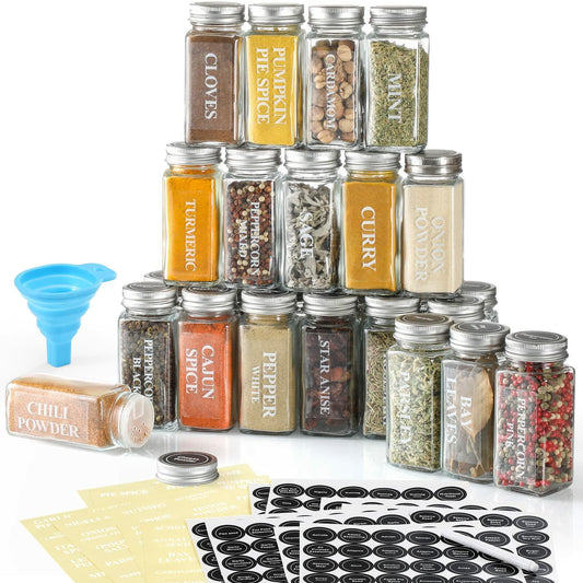 24 Pcs Glass Spice Jars with Labels - 4oz Empty Square, Airtight Metal Caps