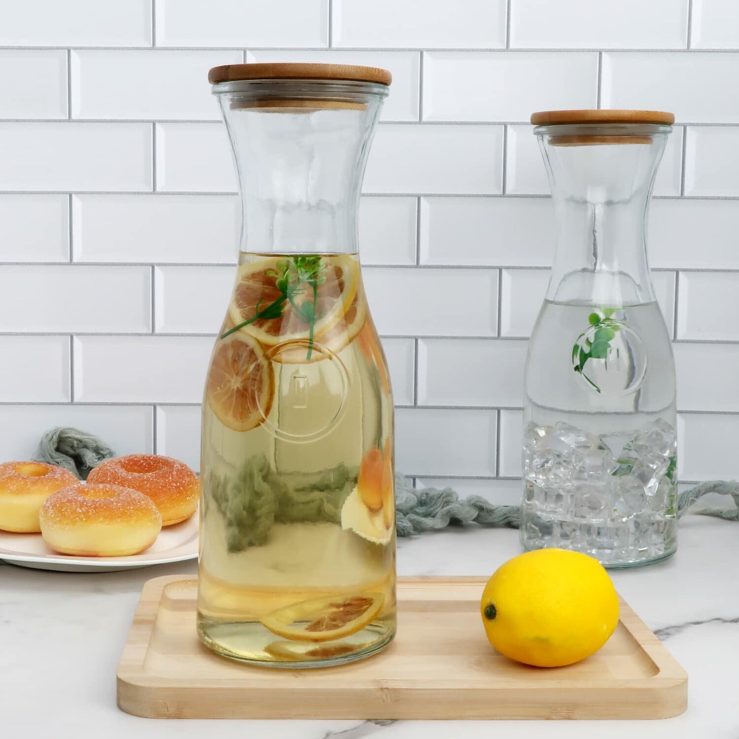 35oz Glass Carafe,Glass Pitcther with Wooden Caps for Wine,Fruit Tea,Drinks 6pcs