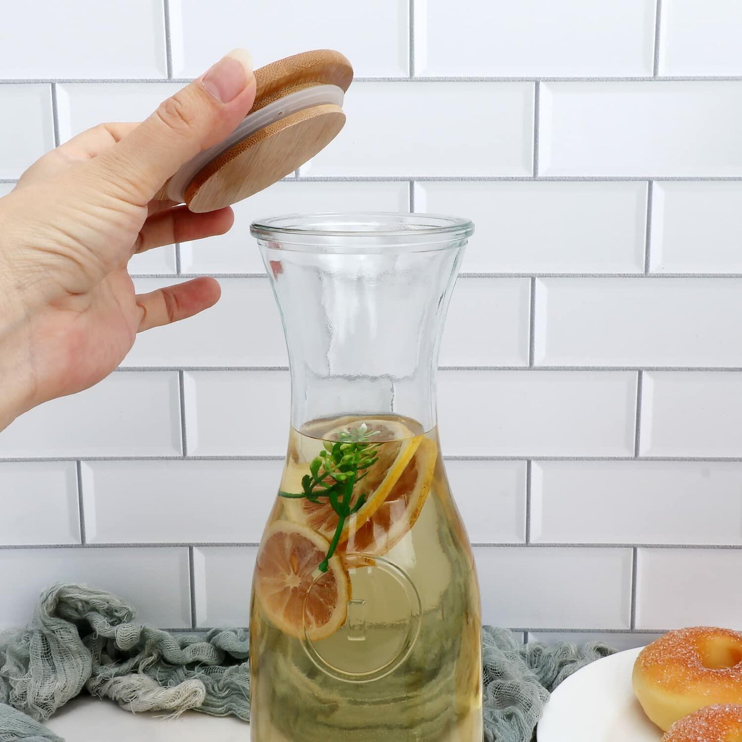 35oz Glass Carafe,Glass Pitcther with Wooden Caps for Wine,Fruit Tea,Drinks 6pcs