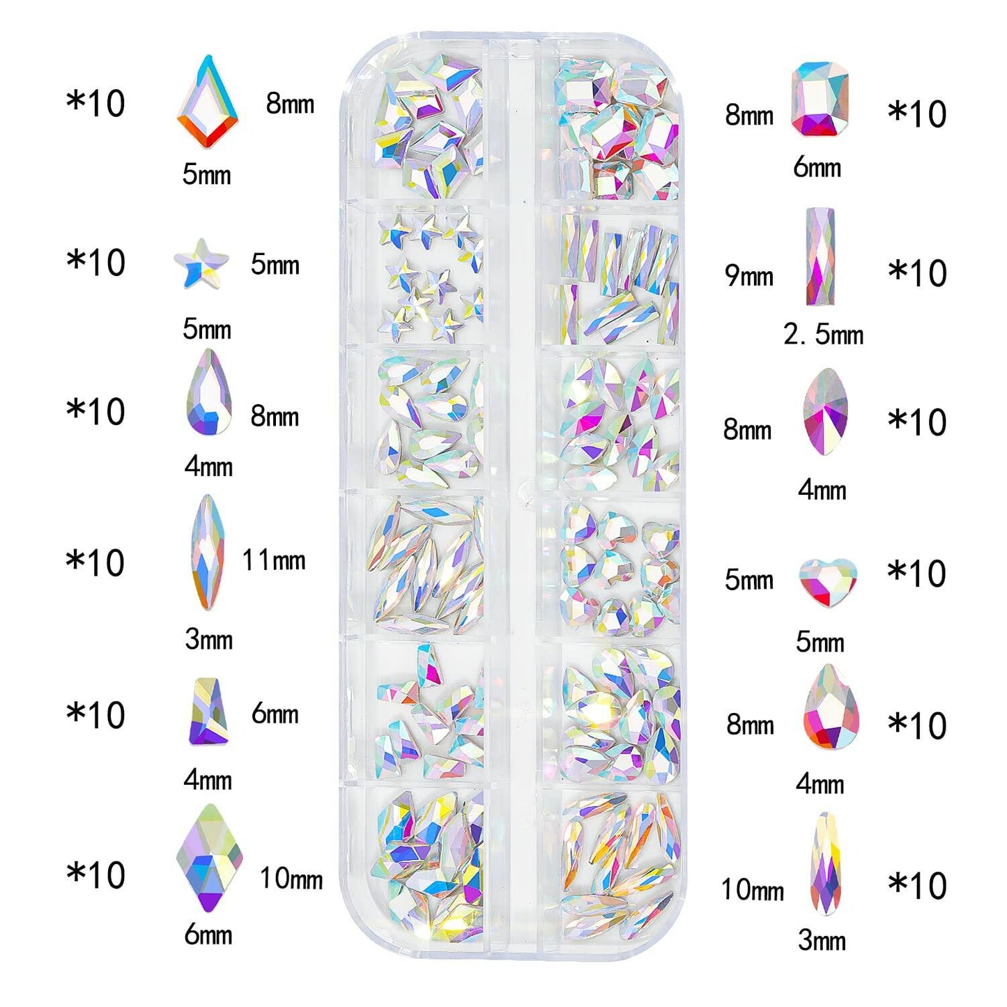 2920Pcs Nail Rhinestones Kit 12 Types Special-Shaped Multi Shapes Crystal White