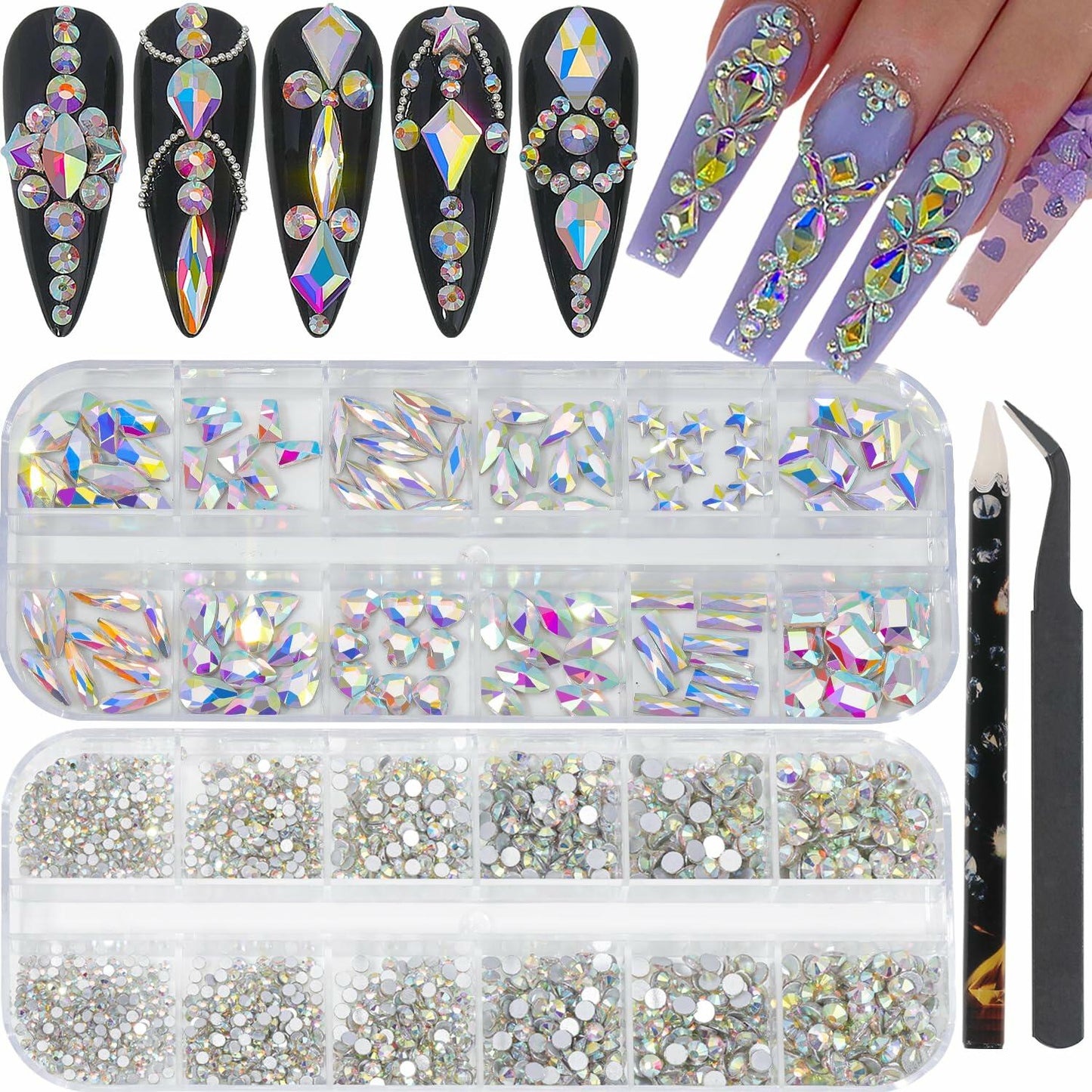 2920Pcs Nail Rhinestones Kit 12 Types Special-Shaped Multi Shapes Crystal White