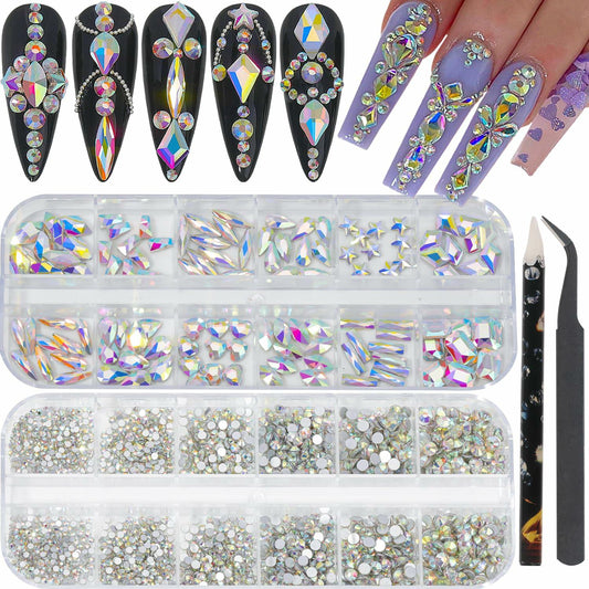 2920Pcs Nail Rhinestones Kit 12 Types Special-Shaped Multi Shapes Crystal White