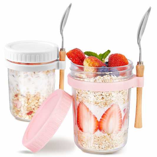 2 Pack Overnight Oats Containers with Lids and Spoons, 16oz Glass Mason Jars