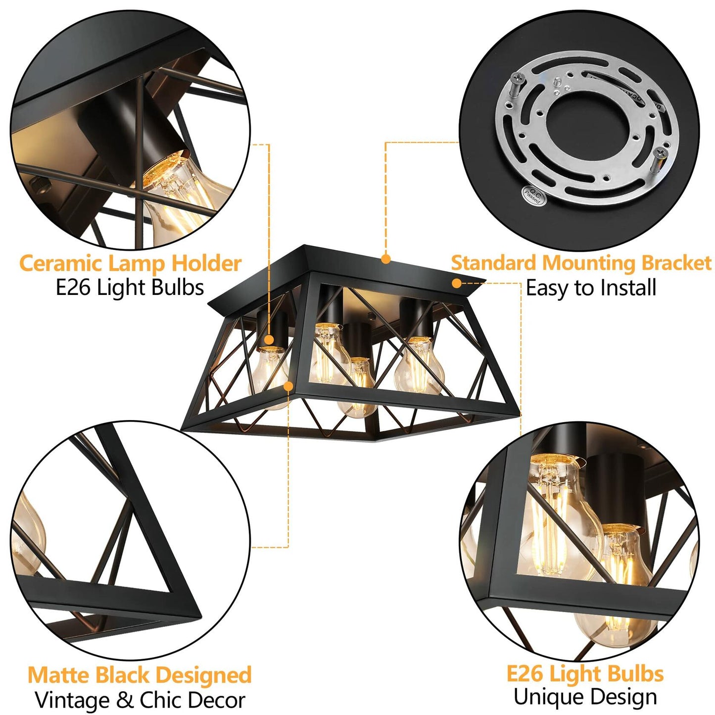 4-Light Flush Mount Ceiling Light- Bulb NOT Included, Industrial Close - Black