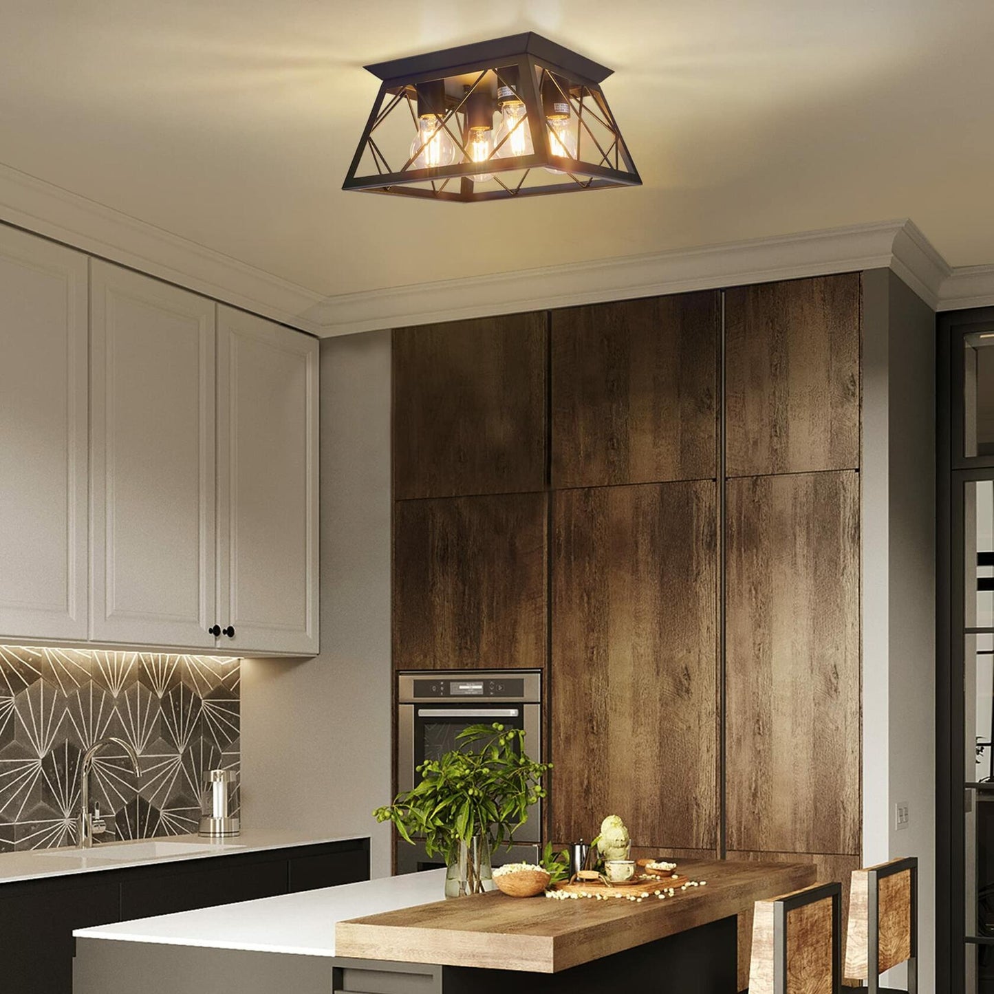 4-Light Flush Mount Ceiling Light- Bulb NOT Included, Industrial Close - Black