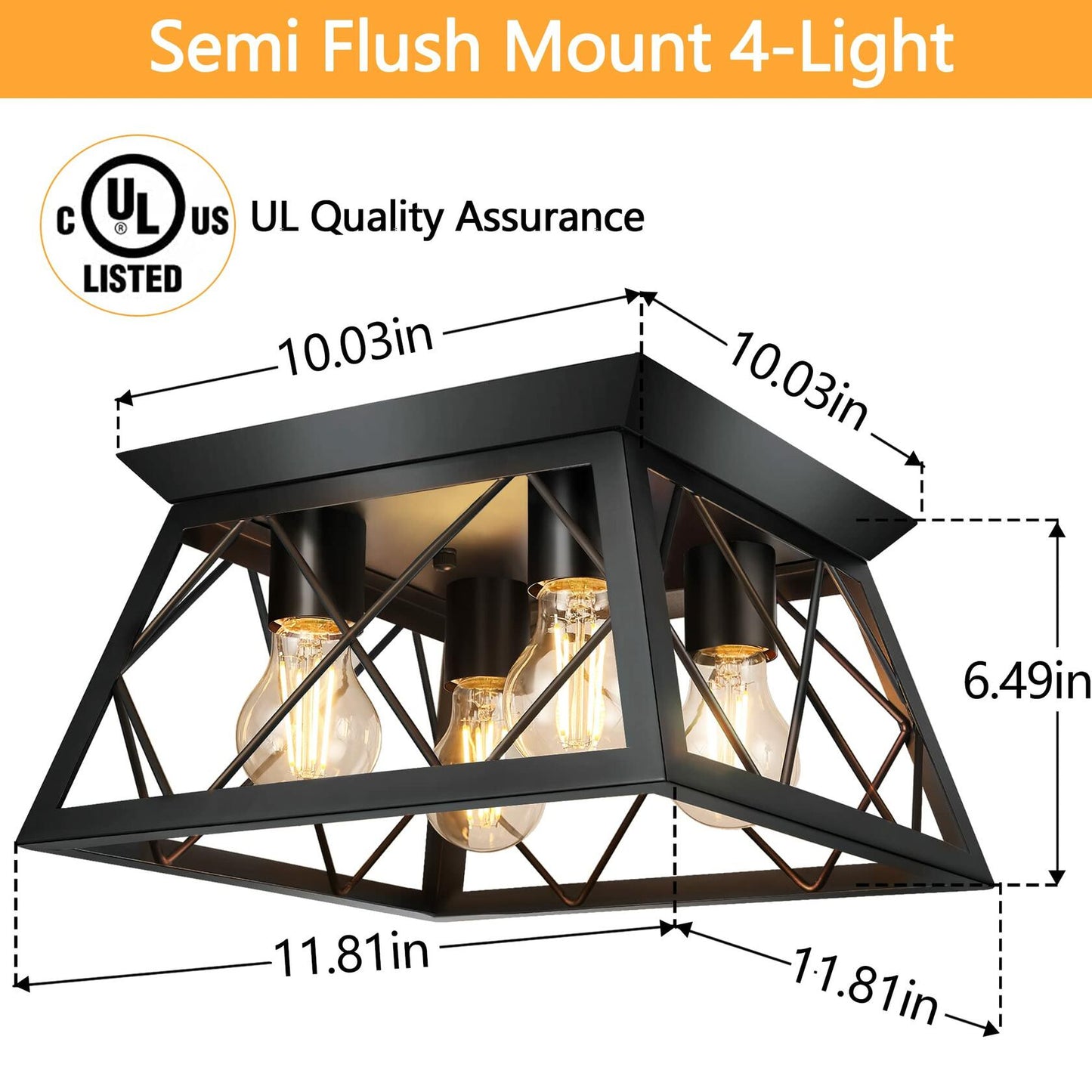 4-Light Flush Mount Ceiling Light- Bulb NOT Included, Industrial Close - Black
