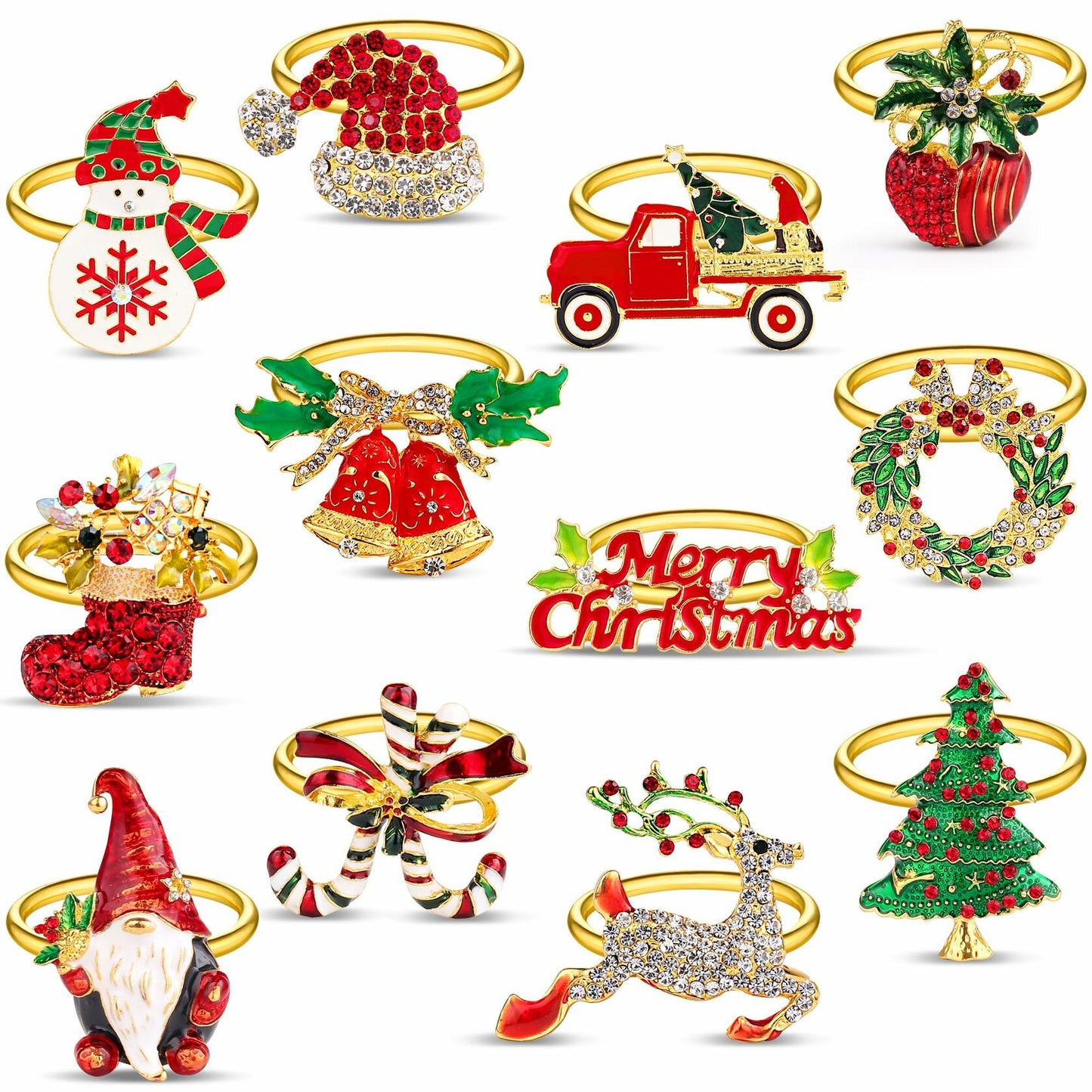 12 pack Gold Christmas Napkin Rings with Bling Various Christmas Napkin Holders