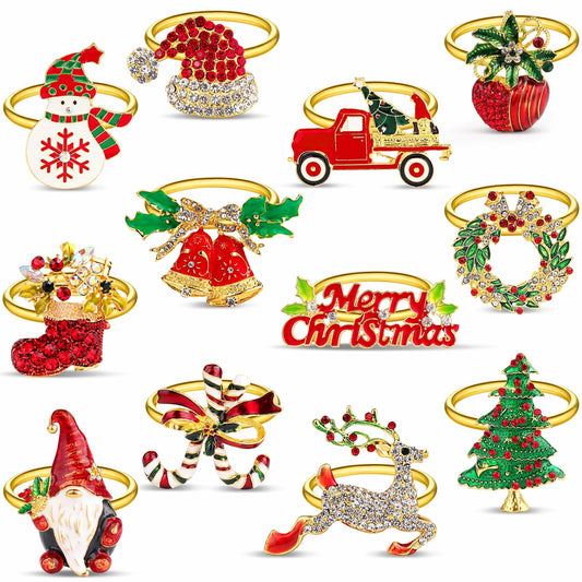 12 pack Gold Christmas Napkin Rings with Bling Various Christmas Napkin Holders