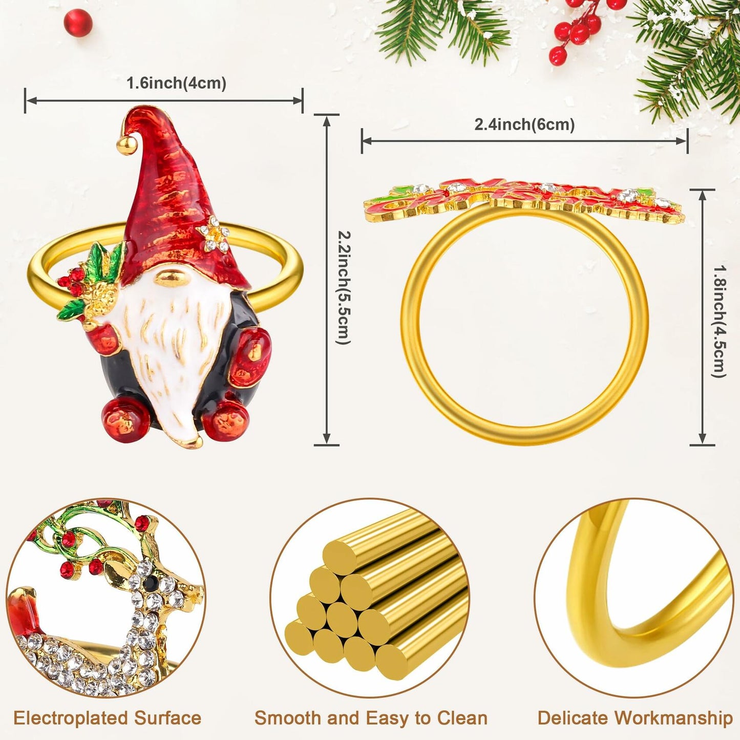 12 pack Gold Christmas Napkin Rings with Bling Various Christmas Napkin Holders