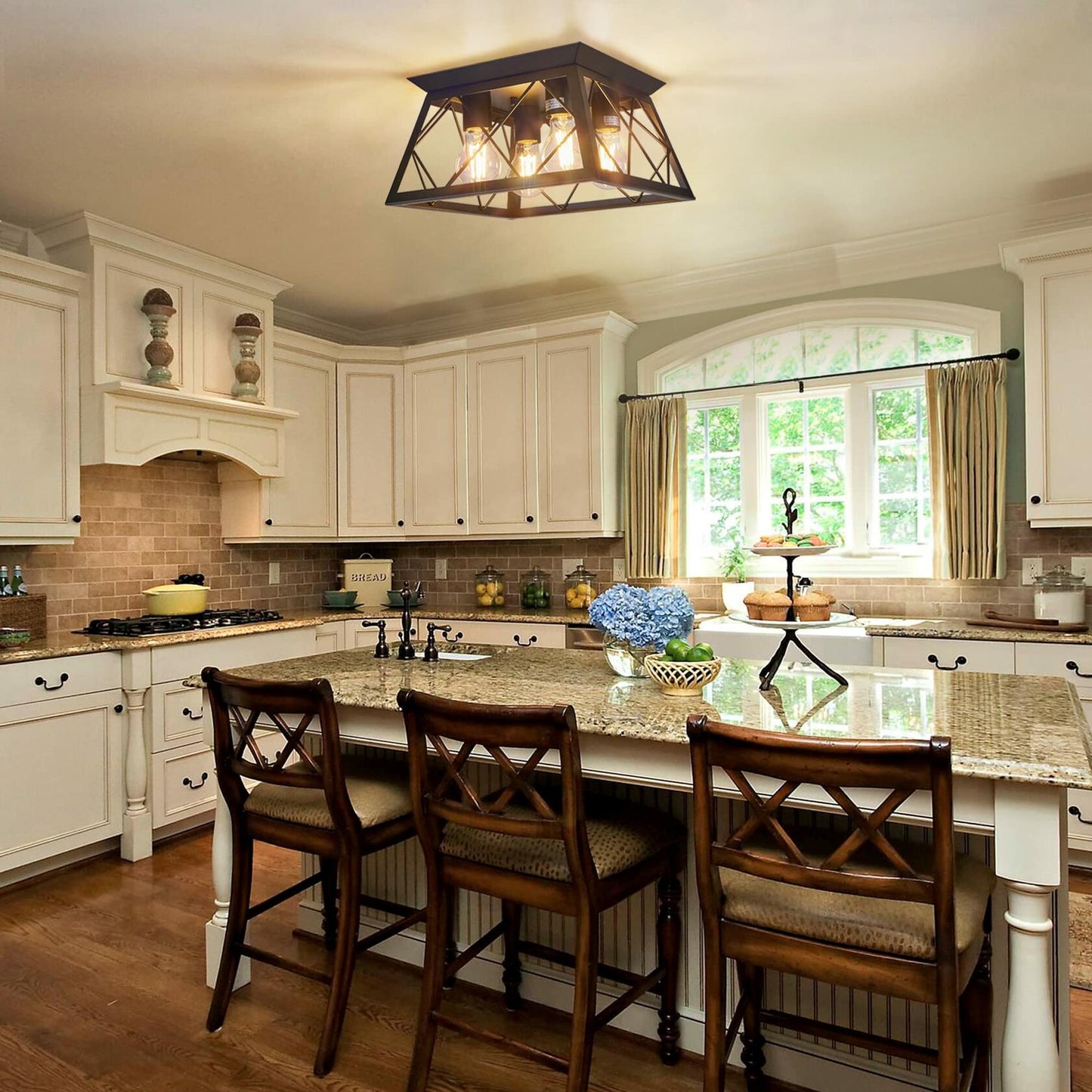 4-Light Flush Mount Ceiling Light- Bulb NOT Included, Industrial Close - Black