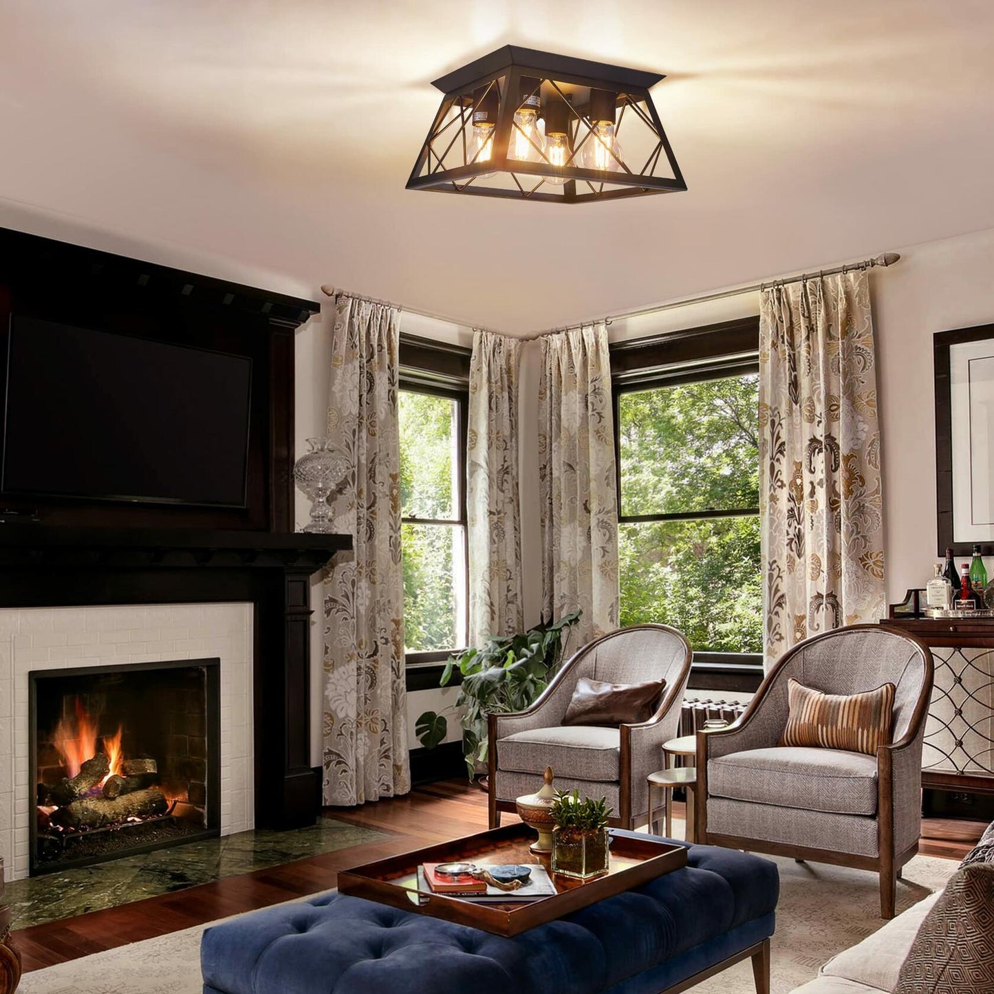 4-Light Flush Mount Ceiling Light- Bulb NOT Included, Industrial Close - Black