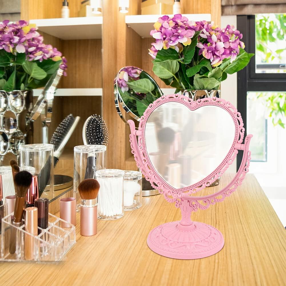 1 Pack Simple and Lovely Heart-Shaped Cosmetic Mirror Plastic Double-Sided Pink