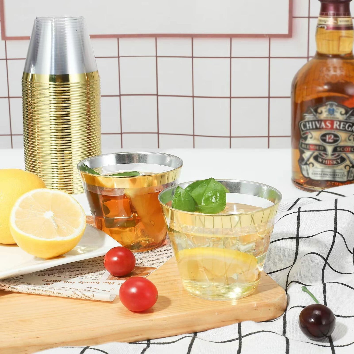 100 Pack - 9 oz Gold Rim Hard Plastic Disposable Elegant Wedding Party Cups Set