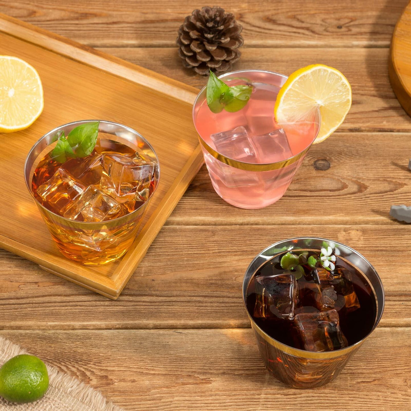 100 Pack - 9 oz Gold Rim Hard Plastic Disposable Elegant Wedding Party Cups Set