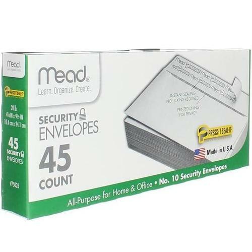 Mead Press-it Seal-it #10 Security Envelopes 4.125x9.5" Peel & Seal, 45 White