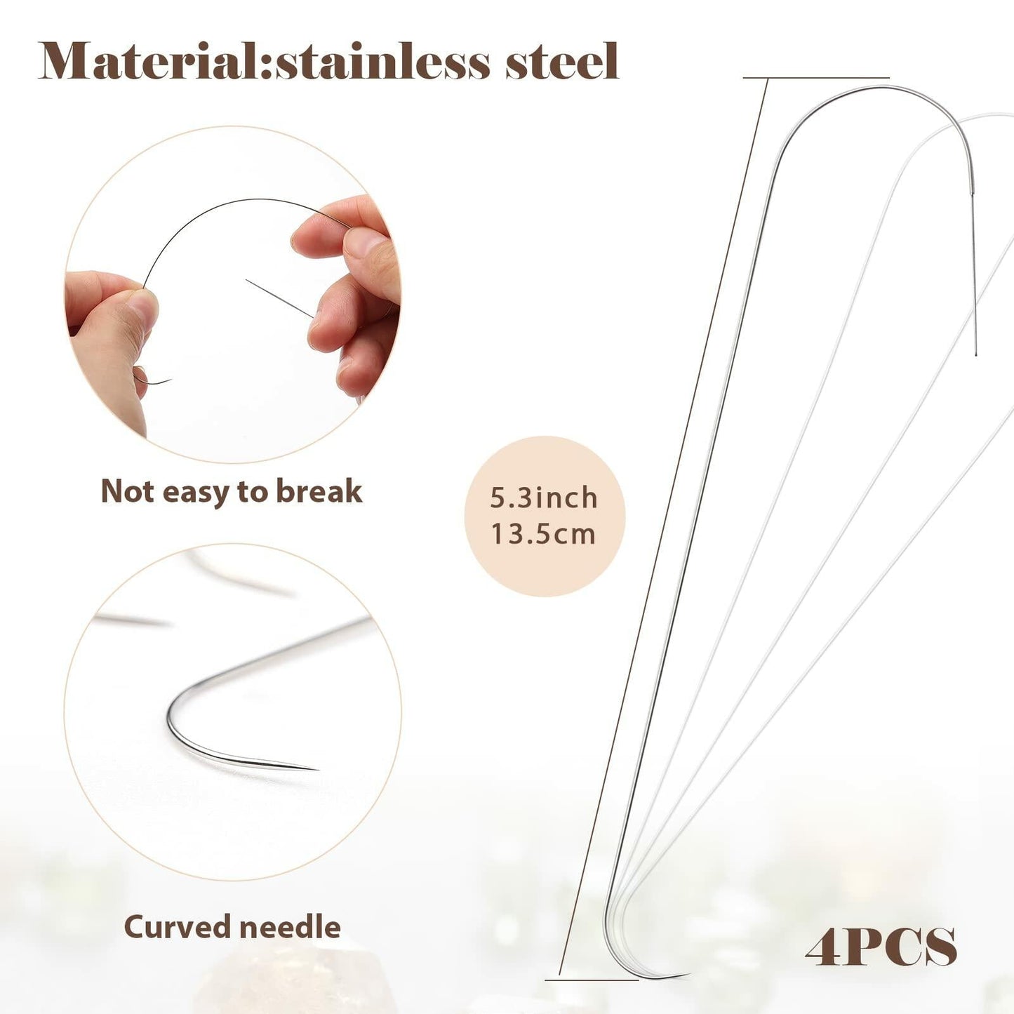 4 Pieces Large Eye Curved Beading Needles with Handle,5.3" Stainless Bead Needle