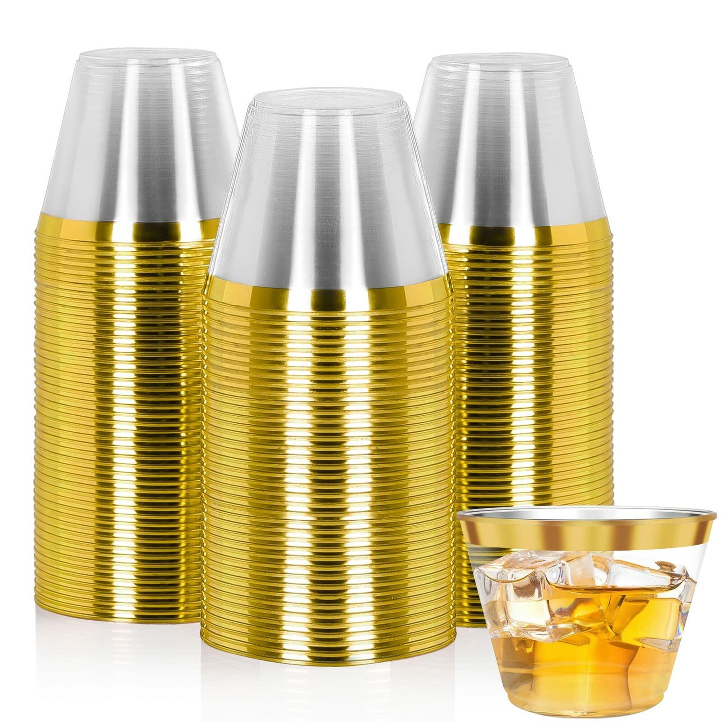 100 Pack - 9 oz Gold Rim Hard Plastic Disposable Elegant Wedding Party Cups Set