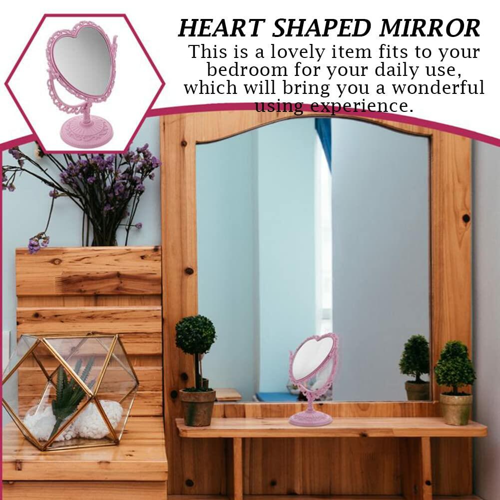 1 Pack Simple and Lovely Heart-Shaped Cosmetic Mirror Plastic Double-Sided Pink