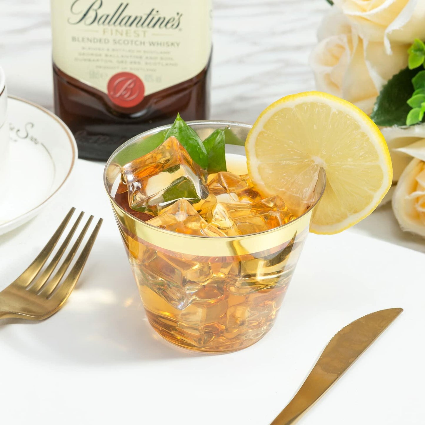 100 Pack - 9 oz Gold Rim Hard Plastic Disposable Elegant Wedding Party Cups Set