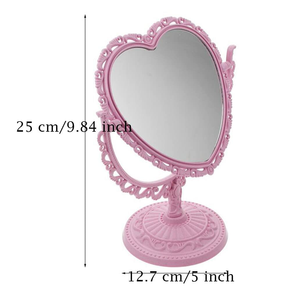 1 Pack Simple and Lovely Heart-Shaped Cosmetic Mirror Plastic Double-Sided Pink