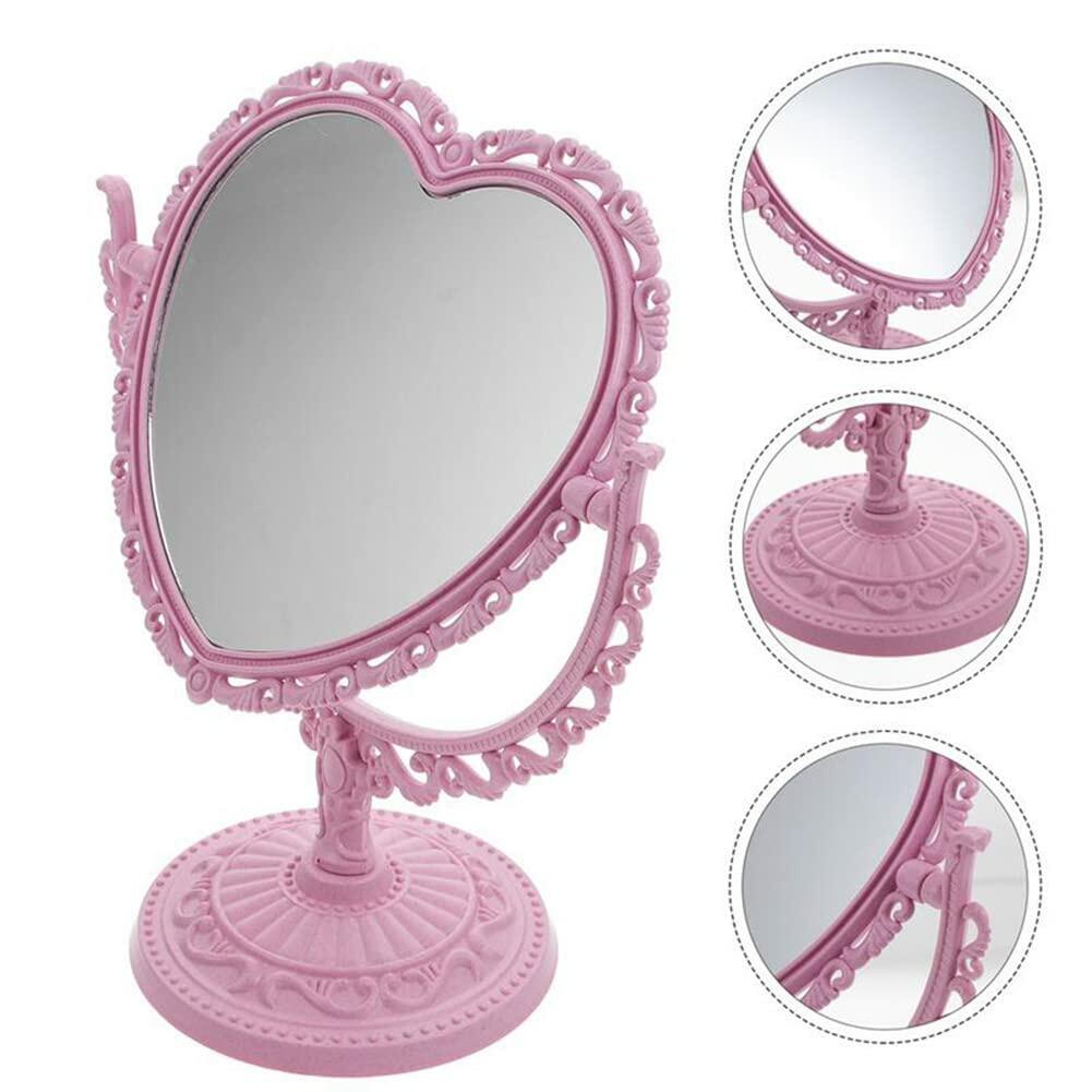 1 Pack Simple and Lovely Heart-Shaped Cosmetic Mirror Plastic Double-Sided Pink