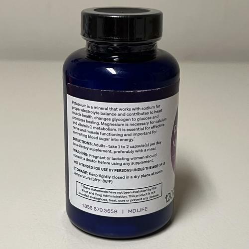 MD. Life Magnesium Potassium Supplement - 120 Capsules - High Absorption EXP 10/2025