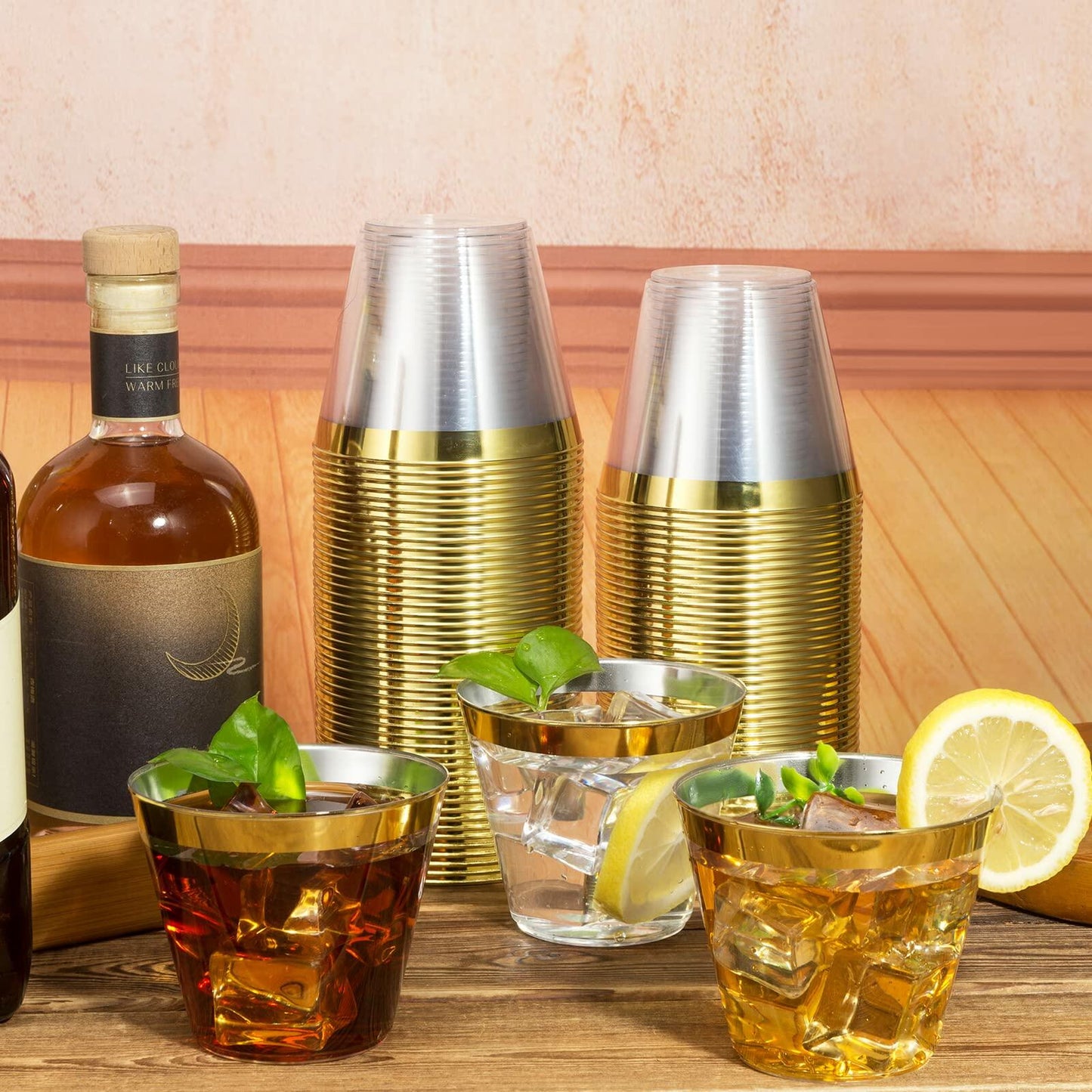 100 Pack - 9 oz Gold Rim Hard Plastic Disposable Elegant Wedding Party Cups Set