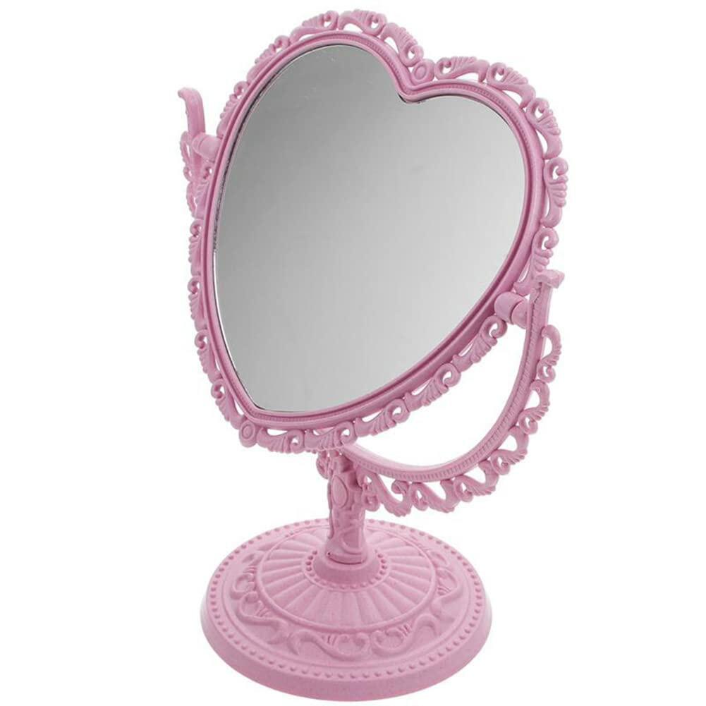 1 Pack Simple and Lovely Heart-Shaped Cosmetic Mirror Plastic Double-Sided Pink