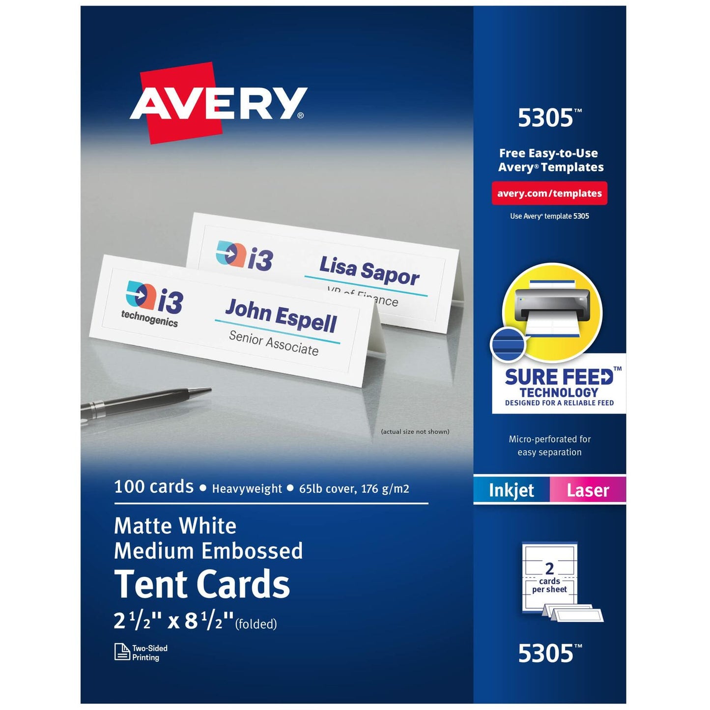 100 Avery Printable Tent Cards, Sure Feed Technology, 2.5" x 8.5", White (05305)