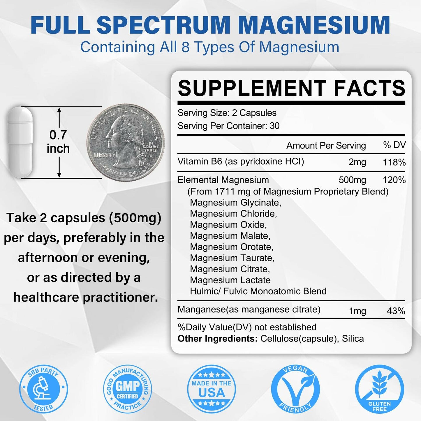 Magnesium Complex Supplement 8 Forms, 500mg Pack of 2, Total 120 Vegan Capsules