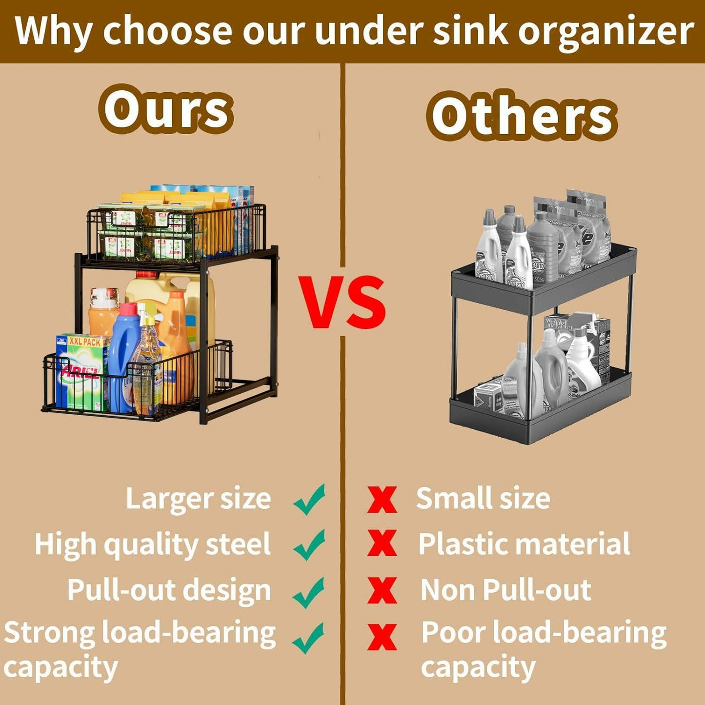 Under Sink Organizer, 2-Tier Pull Out Cabinet Organizer, Metal (1 Pack)