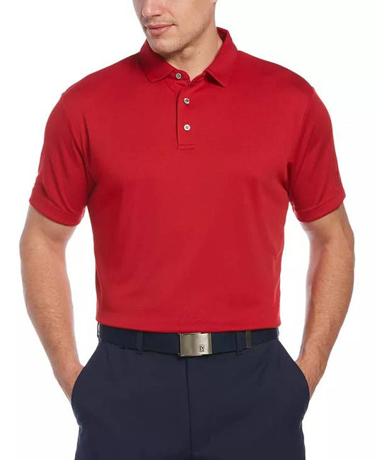 PGA TOUR men's AirFlux mesh golf polo in Chili Pepper red, stock photo