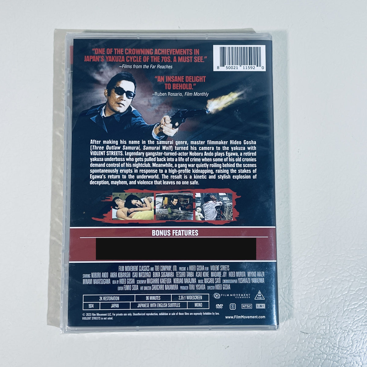Violent Streets DVD back cover, sealed, bonus feature list blacked out
