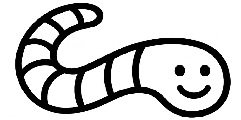 Black and white illustration of a worm with a smiling face on a white background